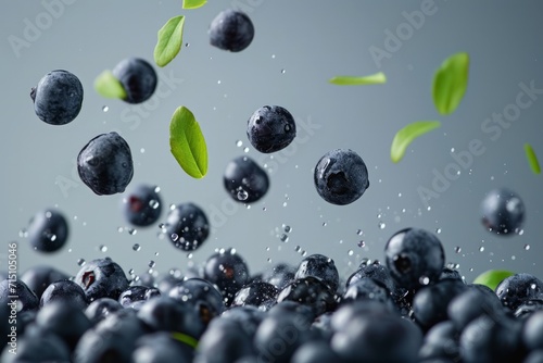 Fresh ripe bilberries falling onto pile against grey background