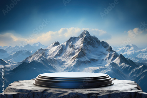 3d podium on top among the mountains. Podium, stage for product presentation. Generated by artificial intelligence photo