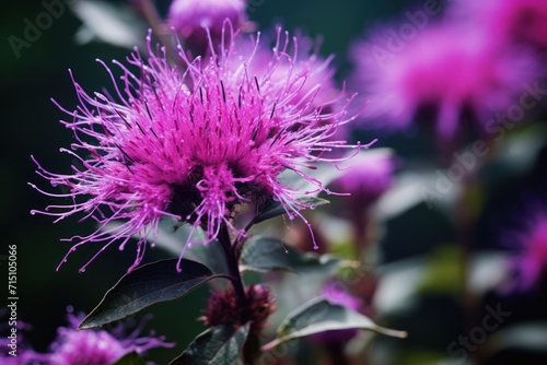  a close up of a purple flower with a green leafy plant in the foreground and a green leafy plant in the background.