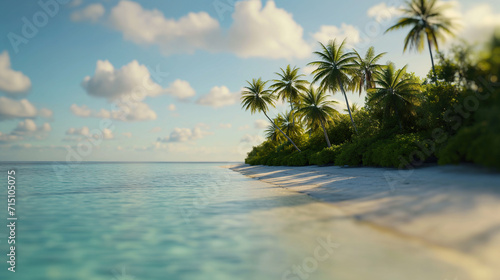Sunrise at Maldivian Tropical Beach with Palm Trees and Clear Sky  Golden sunrise over a tranquil Maldives beach lined with palm trees