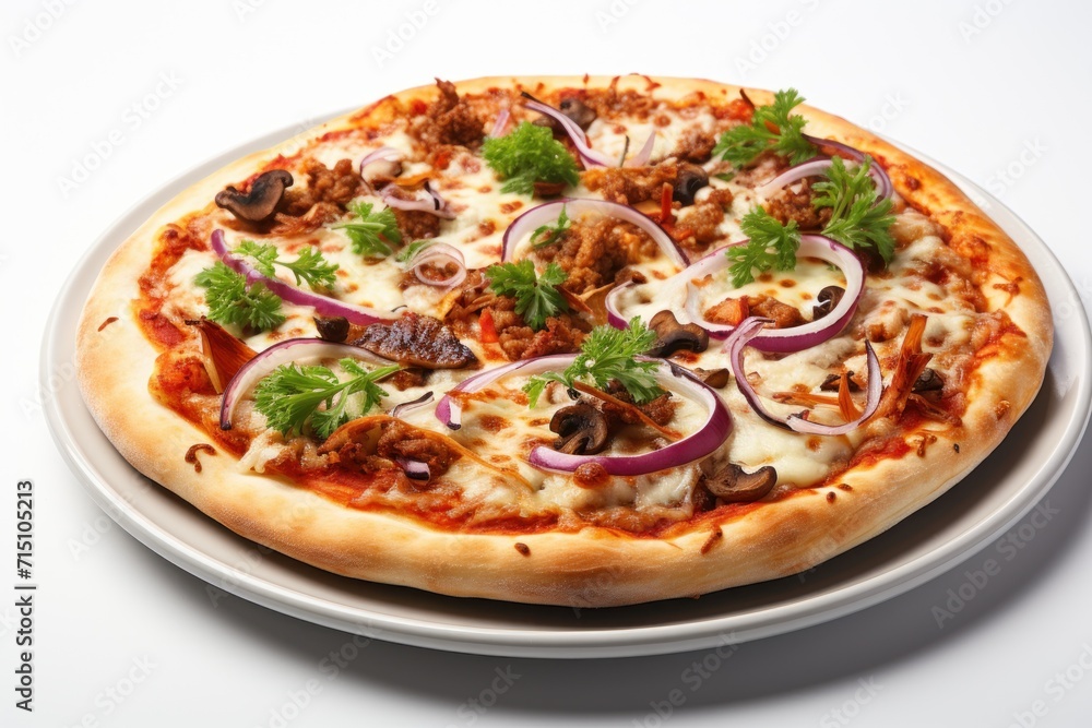 a pizza sitting on top of a white plate covered in cheese and toppings on top of a white table. a pizza sitting on top of a white plate covered in cheese and toppings on top of a white table.