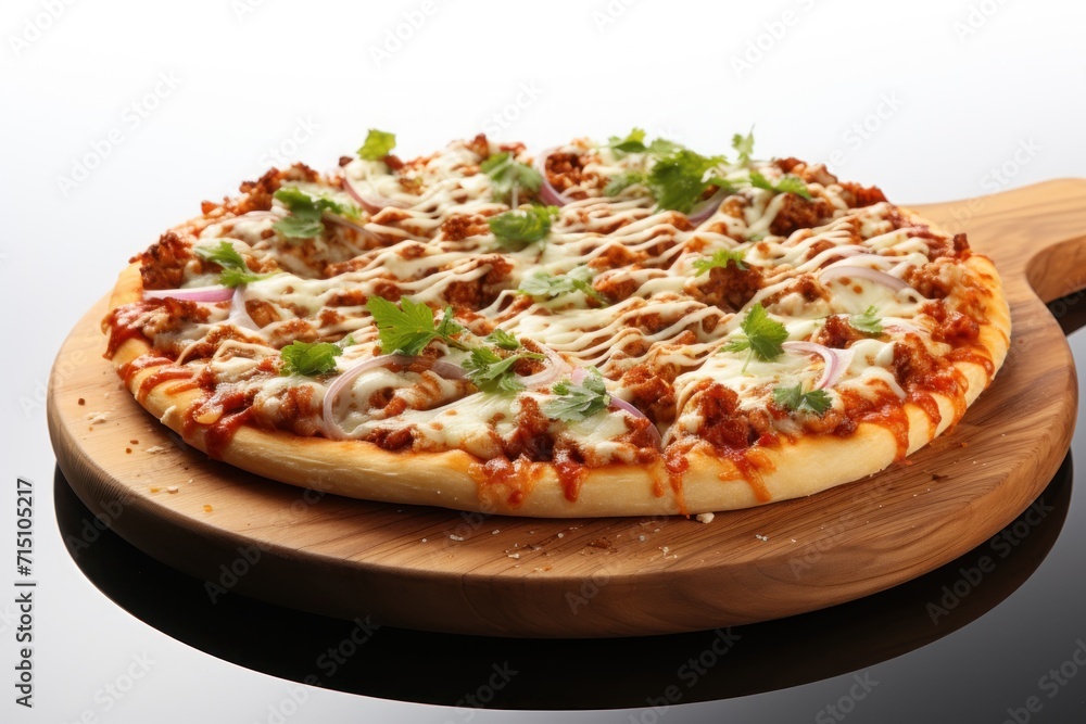  a pizza sitting on top of a cutting board on top of a wooden cutting board with a pizza on top of it.
