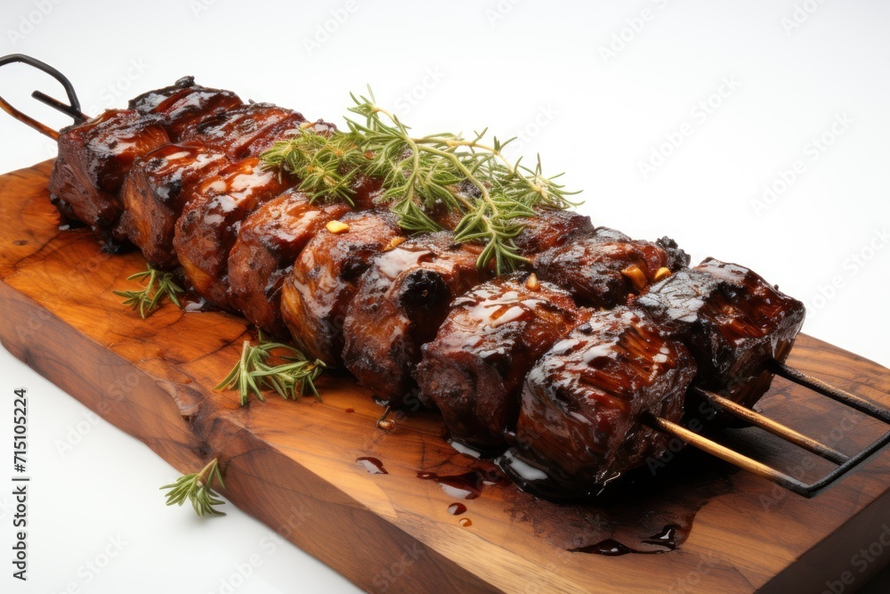  a wooden cutting board topped with meat covered in sauce and garnished with a sprig of rosemary.