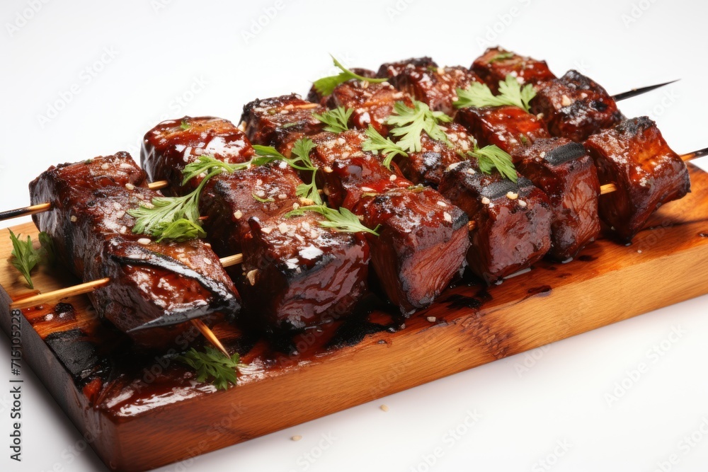  a close up of a plate of food with skewered meat and garnishes on skewers.