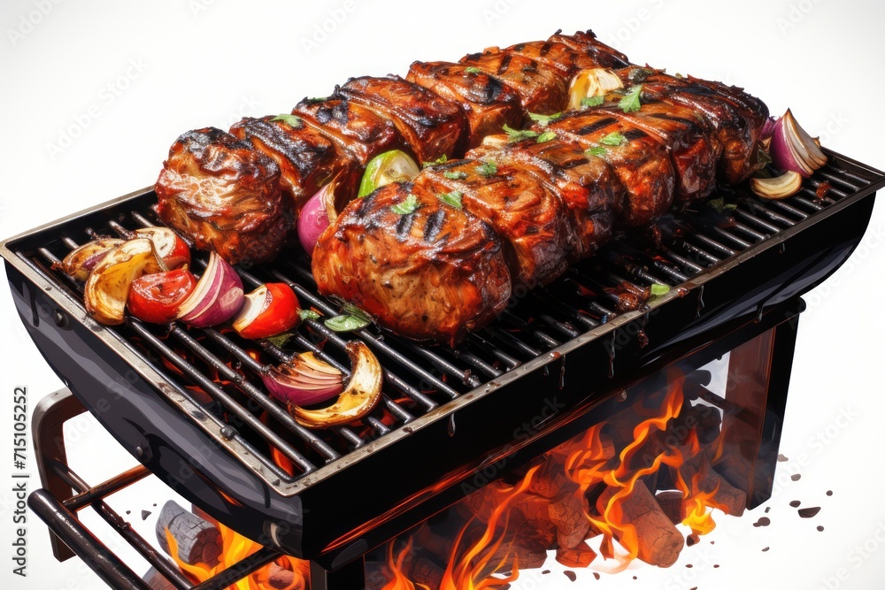  a bbq grill with steaks and vegetables cooking on top of it and flames coming out of the grill.
