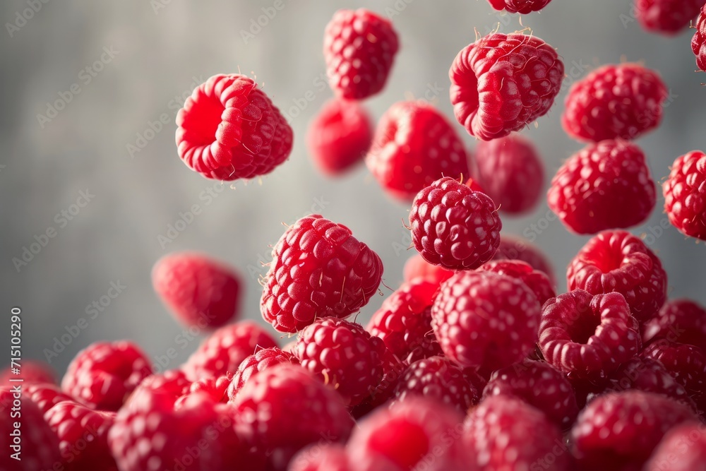 Fresh ripe raspberries falling onto pile against grey background Fresh ripe raspberries falling onto pile against grey background