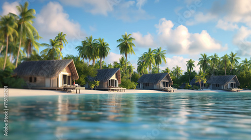 Maldives Beachfront Bungalows with Lush Palm Tree Surroundings, Cozy beachfront bungalows amidst lush palms in the Maldives