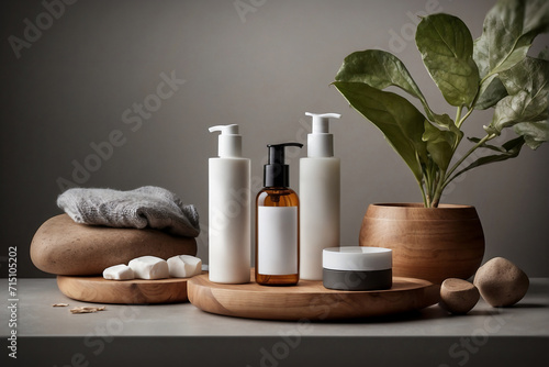 Set de higiene personal en estética spa con botellas y accesorios de madera ideal para mockups photo