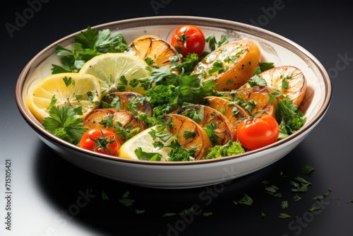  a close up of a bowl of food with tomatoes, lemons, parsley, parsley and tomatoes.