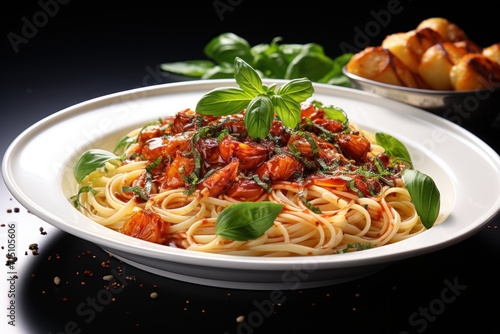  a close up of a plate of pasta with sauce and basil on a black surface with a bowl of bread in the background.