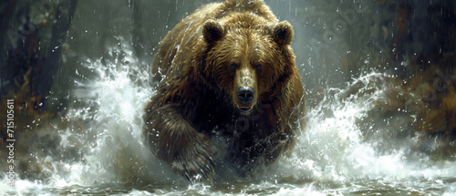 The grizzly bear in nature. Ursus arctos horribilis. Naturalistic illustration. Wildlife in its natural habitat.