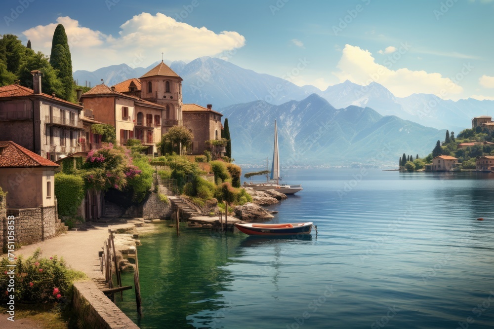  a large body of water with houses on the shore and a boat on the water in front of a mountain range.