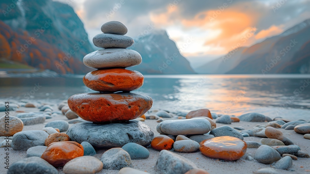 custom made wallpaper toronto digitalzen stones on the beach. stack of rocks on the beach by a mountain lake