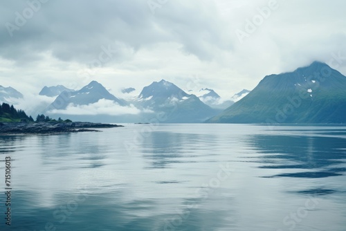  a body of water with a mountain range in the background and clouds in the sky over the water and trees in the foreground.