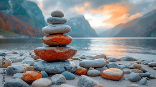 zen stones on the beach. stack of rocks on the beach by a mountain lake photo