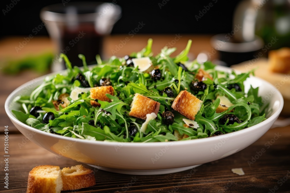 a salad with croutons and olives in a white bowl on a wooden table next to a glass of wine. a salad with croutons and olives in a white bowl on a wooden table next to a glass of wine.