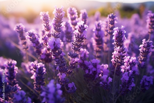  a field of lavender flowers with the sun shining through the clouds in the backgrounnd of the photo.