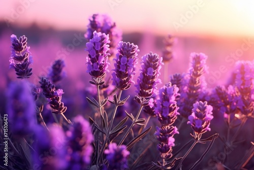 a field of lavender flowers with the sun setting in the backgrounnd of the field in the background.