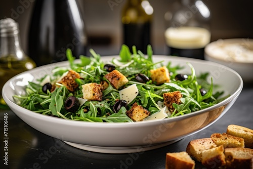  a salad with croutons and olives in a white bowl on a table next to a bottle of wine.