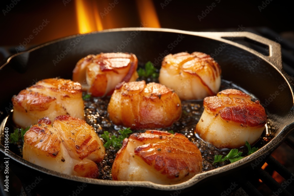 a pan filled with scallops sitting on top of a stove next to a frying pan filled with food. a pan filled with scallops sitting on top of a stove next to a frying pan filled with food.