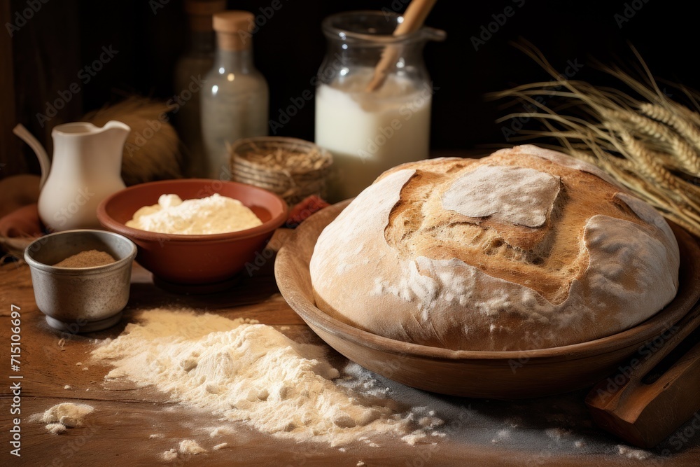 a loaf of bread sitting on top of a wooden table next to a bowl of butter and a bowl of oatmeal. a loaf of bread sitting on top of a wooden table next to a bowl of butter and a bowl of oatmeal.
