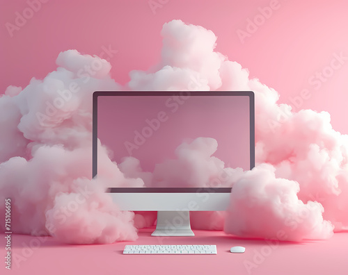 A digital oasis awaits as a screenshot captures the serene beauty of an indoor sanctuary, where a keyboard and mouse float effortlessly among the clouds