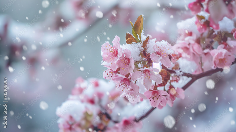 Snow falling on blooming fruit tree in spring