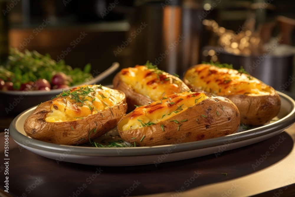 a close up of a plate of baked potatoes on a table with other plates of food on the table in the background. a close up of a plate of baked potatoes on a table with other plates of food on the table in the background.