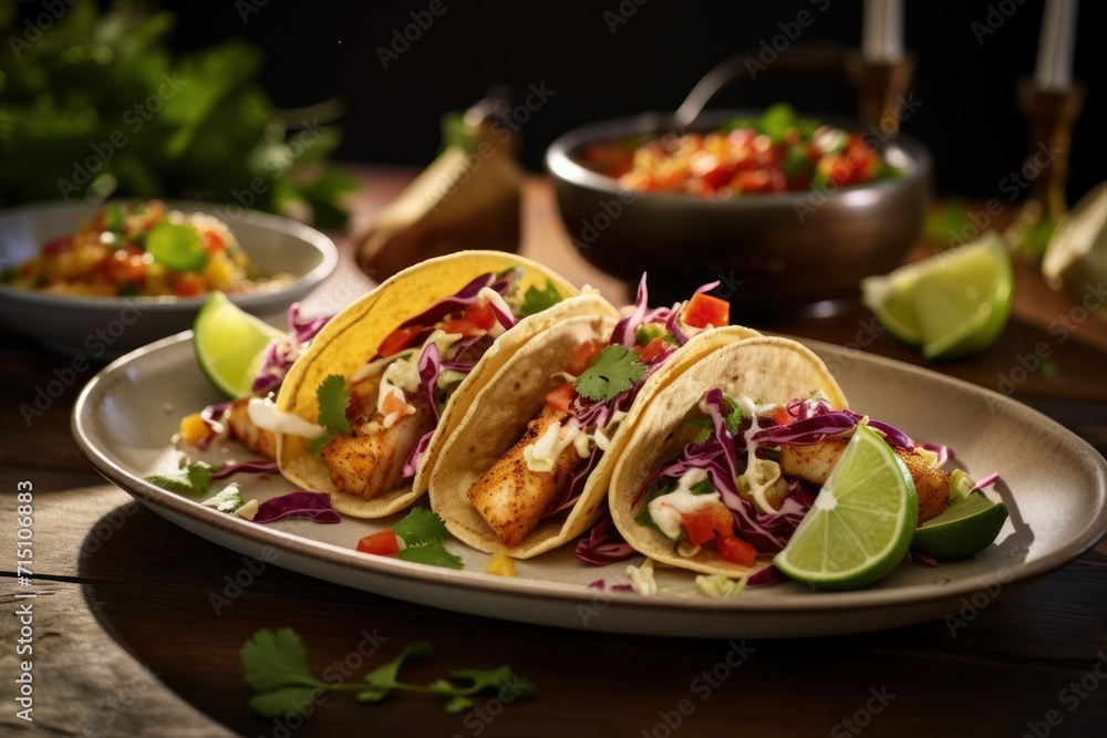 three fish tacos on a plate with a side of coleslaw, lime wedges, and a bowl of salsa. three fish tacos on a plate with a side of coleslaw, lime wedges, and a bowl of salsa.