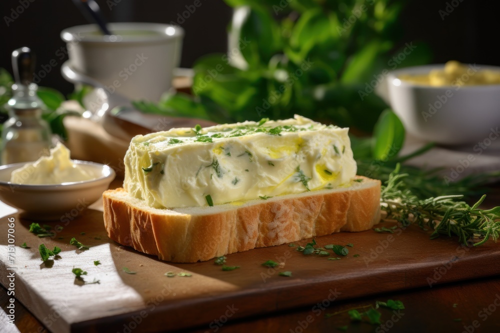a piece of bread sitting on top of a wooden cutting board next to a bowl of cream cheese and herbs. a piece of bread sitting on top of a wooden cutting board next to a bowl of cream cheese and herbs.