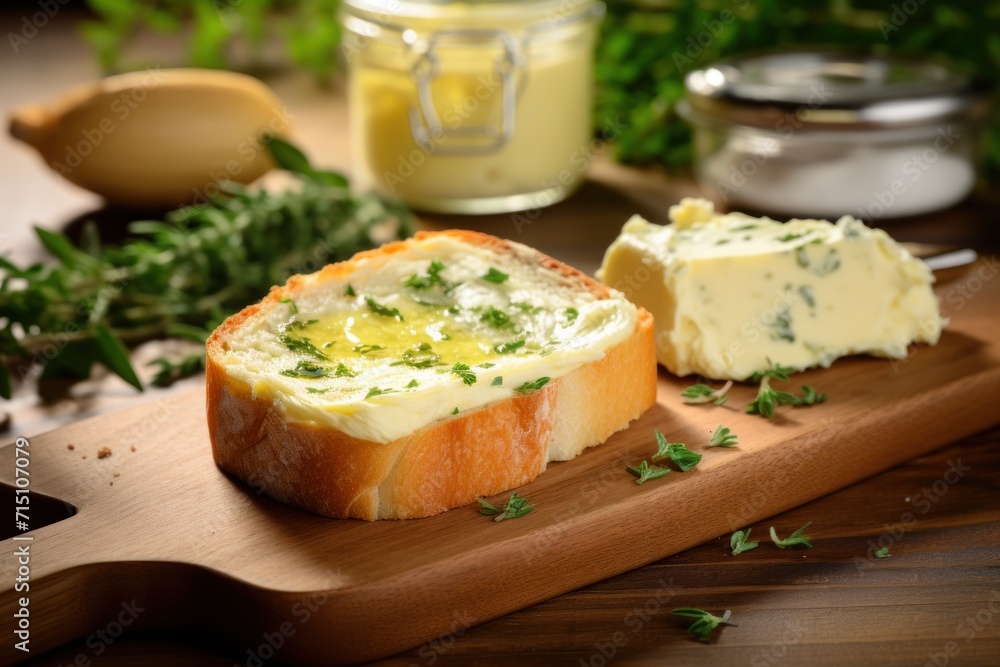 a piece of bread sitting on top of a wooden cutting board next to butter and parsley on a table. a piece of bread sitting on top of a wooden cutting board next to butter and parsley on a table.