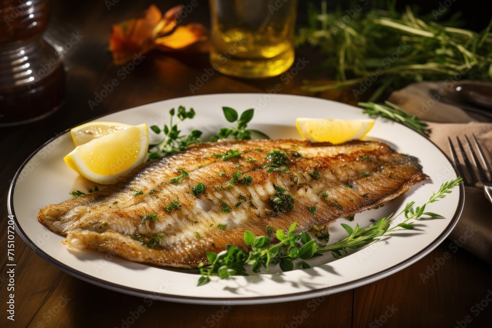 a white plate topped with a fish covered in herbs and lemons next to a fork and a glass of wine. a white plate topped with a fish covered in herbs and lemons next to a fork and a glass of wine.