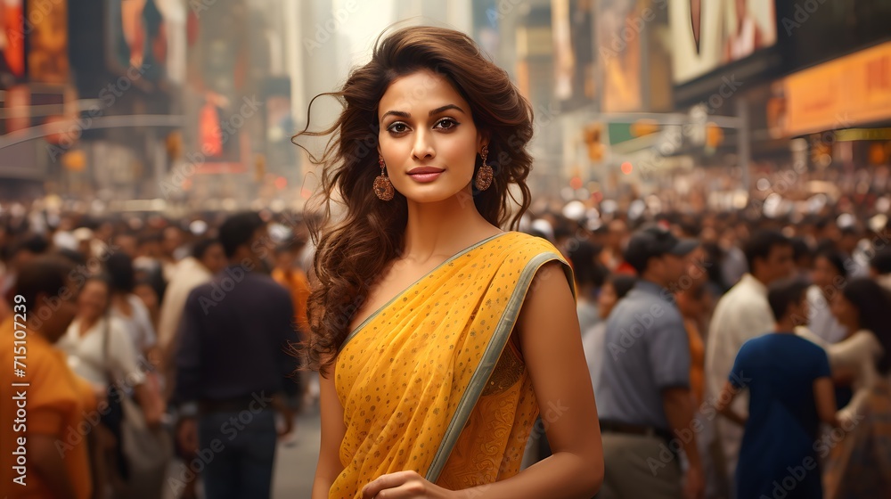 Beautiful Indian woman in traditional indian costume standing on a city street 