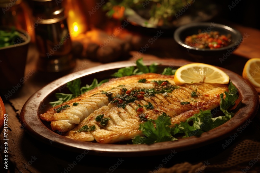 a close up of a plate of fish on a table with lemons and garnishes on it. a close up of a plate of fish on a table with lemons and garnishes on it.