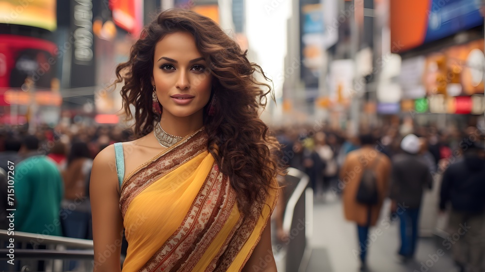 Beautiful Indian woman in traditional indian costume standing on a city street 