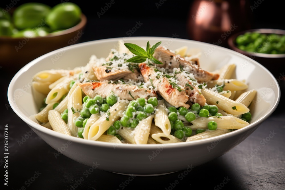 a bowl of pasta with peas, chicken and parmesan cheese on a table next to a bowl of peas and peas. a bowl of pasta with peas, chicken and parmesan cheese on a table next to a bowl of peas and peas.