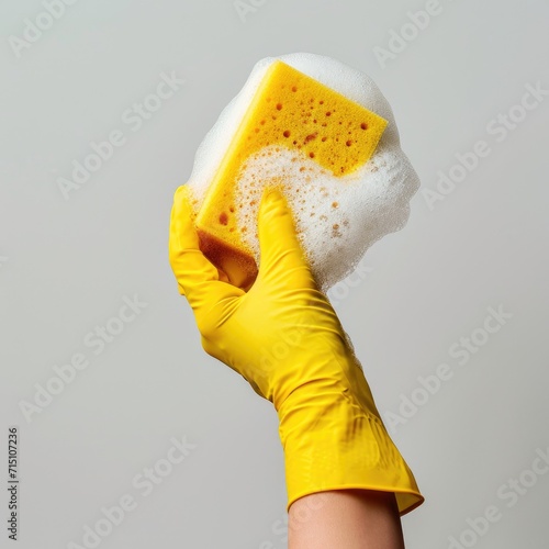 Hand in yellow rubber glove with cleaning sponge in soapy foam on gray background. Spring cleaning, home cleaning, cleaning service and hygiene concept. Flat lay design for banner, poster