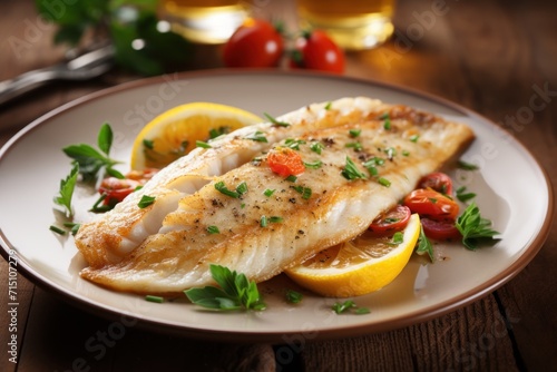  a close up of a plate of fish with lemons and tomatoes on a table with a glass of wine in the background.