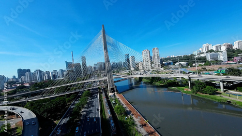 Cable Bridge At Downtown In Sao Paulo Brazil. Sao Paulo Brazil Time Lapse. Traffic Road Famous. Sao Paulo Brazil. Bridge Landscape. Cable Bridge At Downtown In Sao Paulo Brazil.