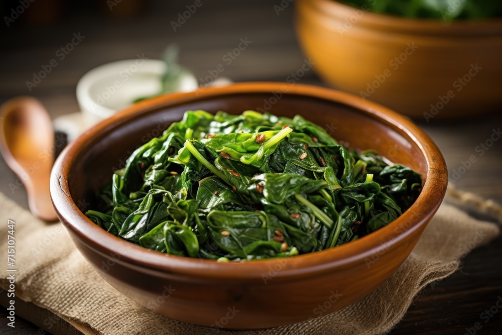 a wooden bowl filled with spinach on top of a napkin next to a wooden spoon and a wooden bowl filled with spinach. a wooden bowl filled with spinach on top of a napkin next to a wooden spoon and a wooden bowl filled with spinach.