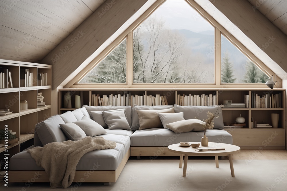 Modern Living Room in Attic, Corner Sofa Against Shelving Unit, Scandinavian Home Interior Design in Farmhouse Modern Living Room in Attic, Corner Sofa Against Shelving Unit, Scandinavian Home Interior Design in Farmhouse