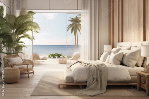 Modern Bedroom, Coastal Style Interior Design with Tranquil Vibes and Relaxing Aesthetic © panumas