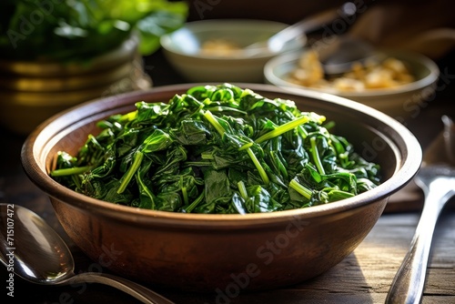  a close up of a bowl of food on a table with spoons and bowls of food in the background.