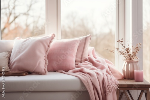 Modern Living Room, Cozy Home Place, Pink and White Pillows, Blanket on Sofa Near Window, French Country, Farmhouse Interior Design