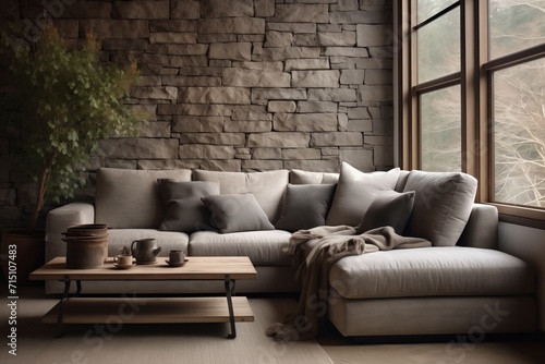Modern Living Room, Corner Sofa Against Window, Stone Cladding Walls in Farmhouse Style Interior Design