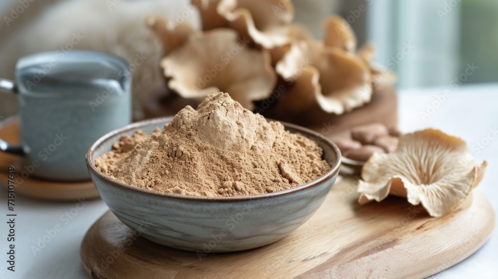 Maitake mushroom powder for coffee with mushroom flavor on the table before cooking Maitake mushroom powder for coffee with mushroom flavor on the table before cooking