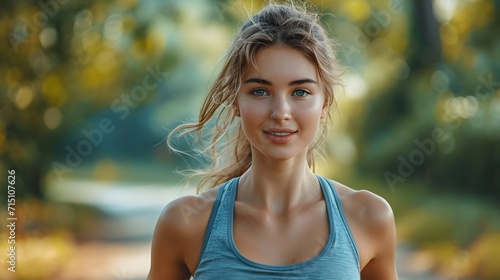 woman running near a park in summer. portrait of a woman in the park