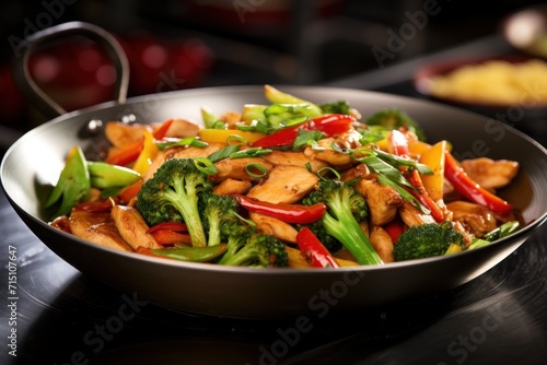  a stir fry with broccoli, peppers, and chicken in a wok on a black countertop.