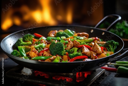  a wok filled with chicken, broccoli, peppers, and carrots with a fire in the background.