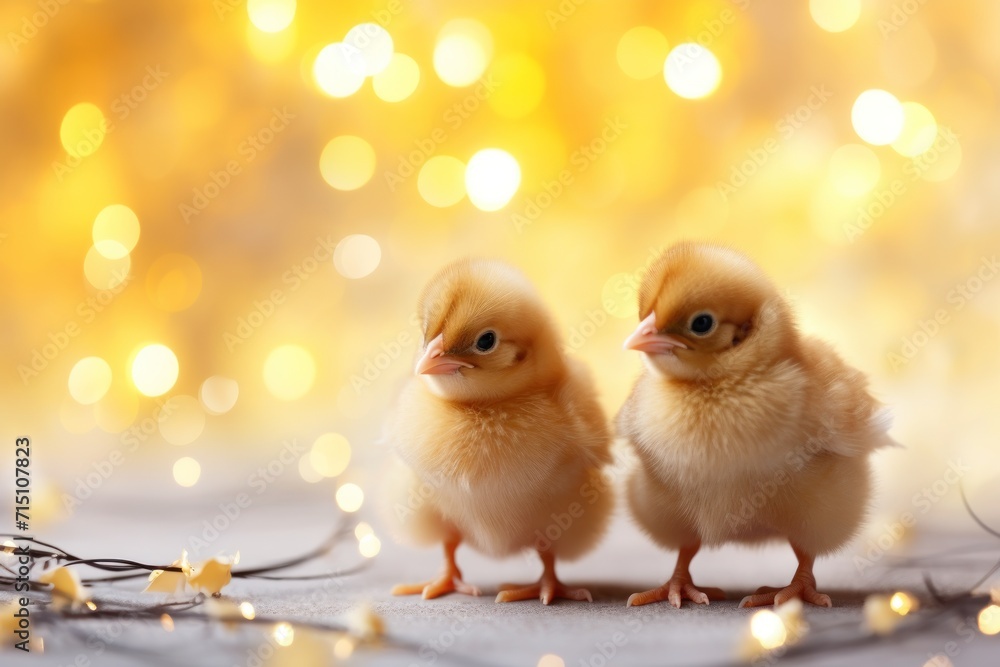 two small yellow chicks standing next to each other on a white surface with lights in the background and a yellow boke of lights in the background. two small yellow chicks standing next to each other on a white surface with lights in the background and a yellow boke of lights in the background.